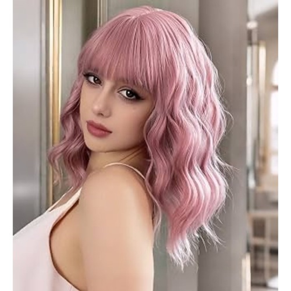 Vckovcko Purple Pink Wavy Wig Bangs Shoulder Length Synthetic Fashion Wig NEW
